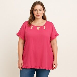 Umgee Womens Blouse Size‎ 1XL Pink Linen Frayed Hem Tunic Boho Coastal Lagenlook